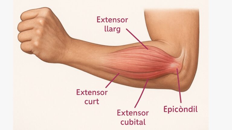 Imatge d’un braç humà amb les zones anatòmiques assenyalades: epicòndil, músculs extensors curt i llarg, i cubital.
